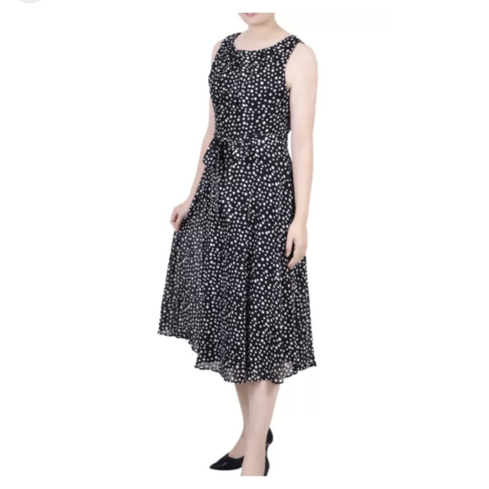 Sleeveless Black Polka Dot Midi Dress with Tie Waist